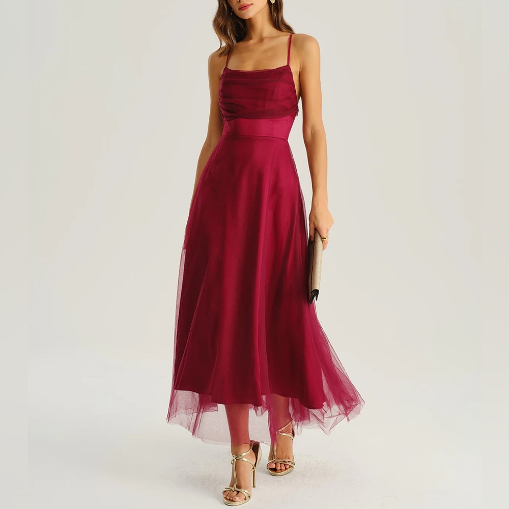Rihoas Elegant Burgundy Mesh Flowy Slip Midi Dress
